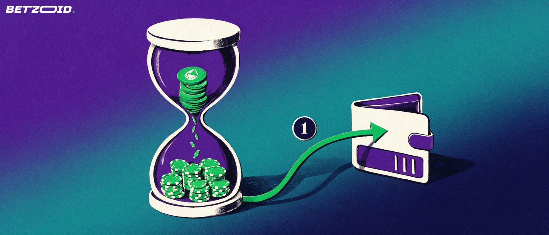 Illustration of an hourglass filled with coins draining into a wallet along a green arrow, with a small numeric badge marked 1.