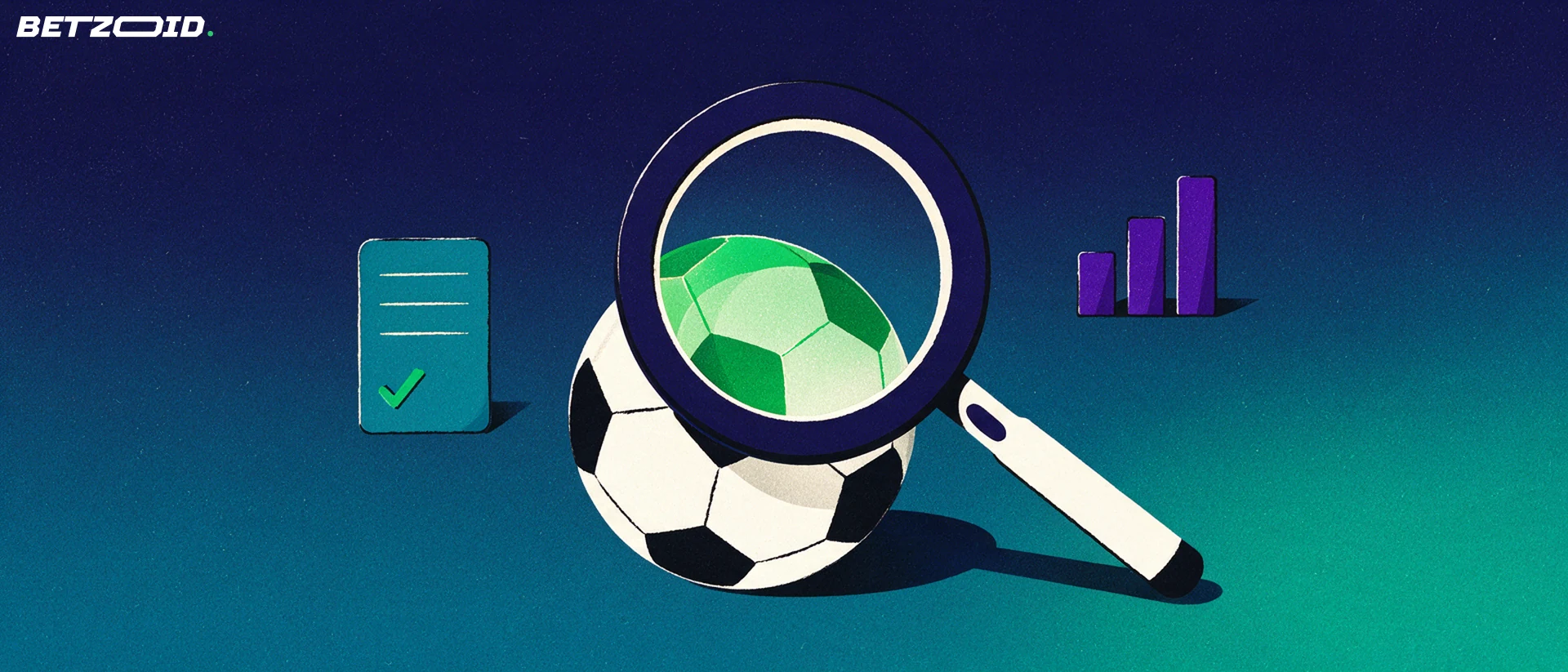 Illustration of a magnifying glass examining a soccer ball beside a betting slip and small bar chart