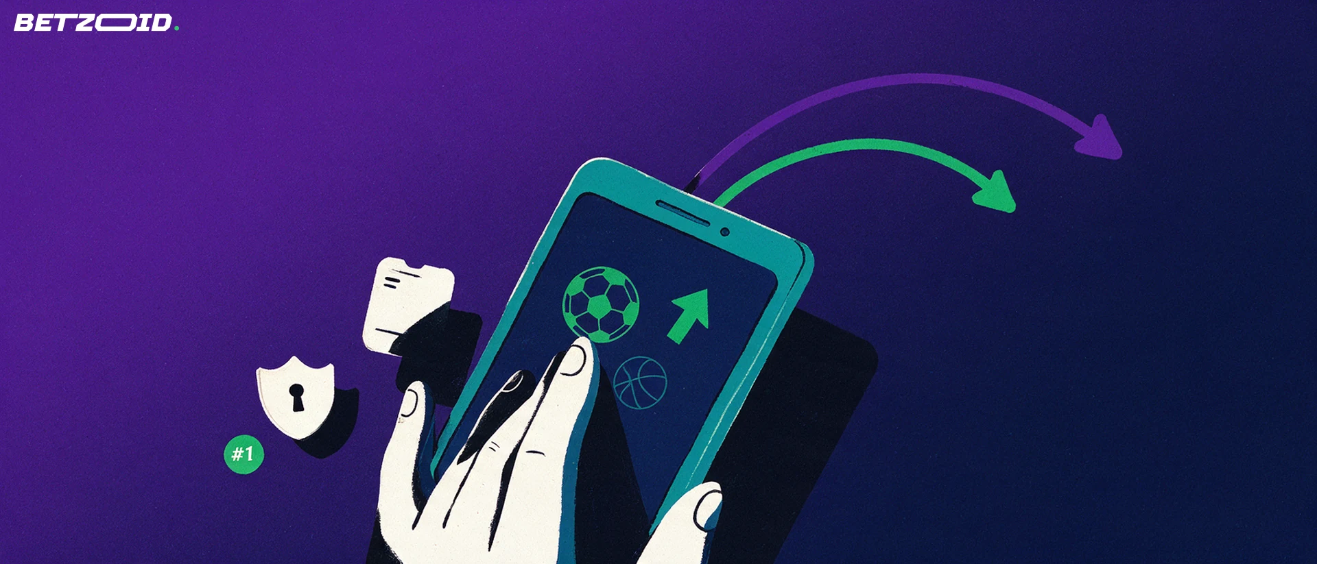 Illustration of a hand holding a phone showing sport symbols, with motion arcs, a payment card and a security shield