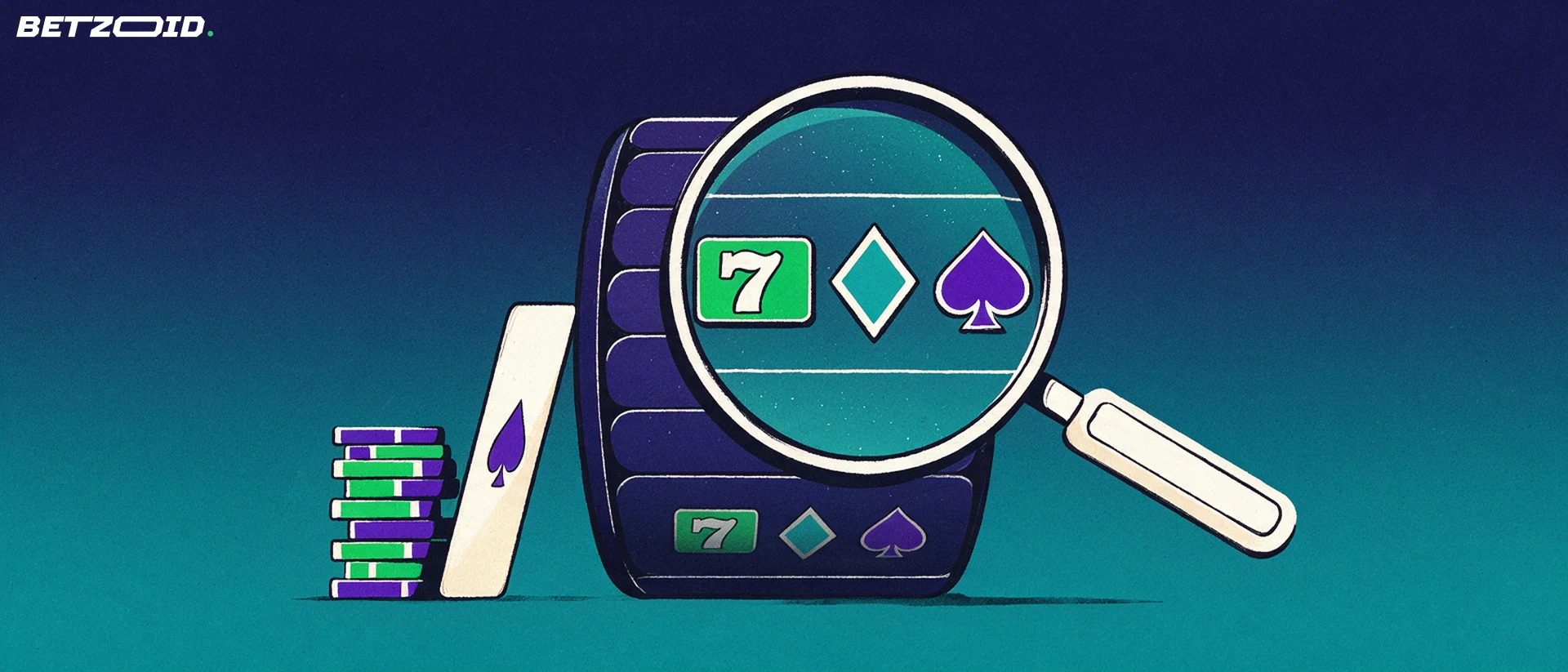 Illustration of a large magnifying glass enlarging slot-reel game symbols beside a stack of casino chips and a playing card.