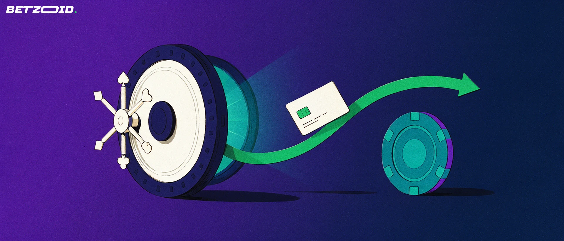 Illustration of a casino vault door with card-suit handle releasing a plain bank card along a green arrow, next to a gaming chip.