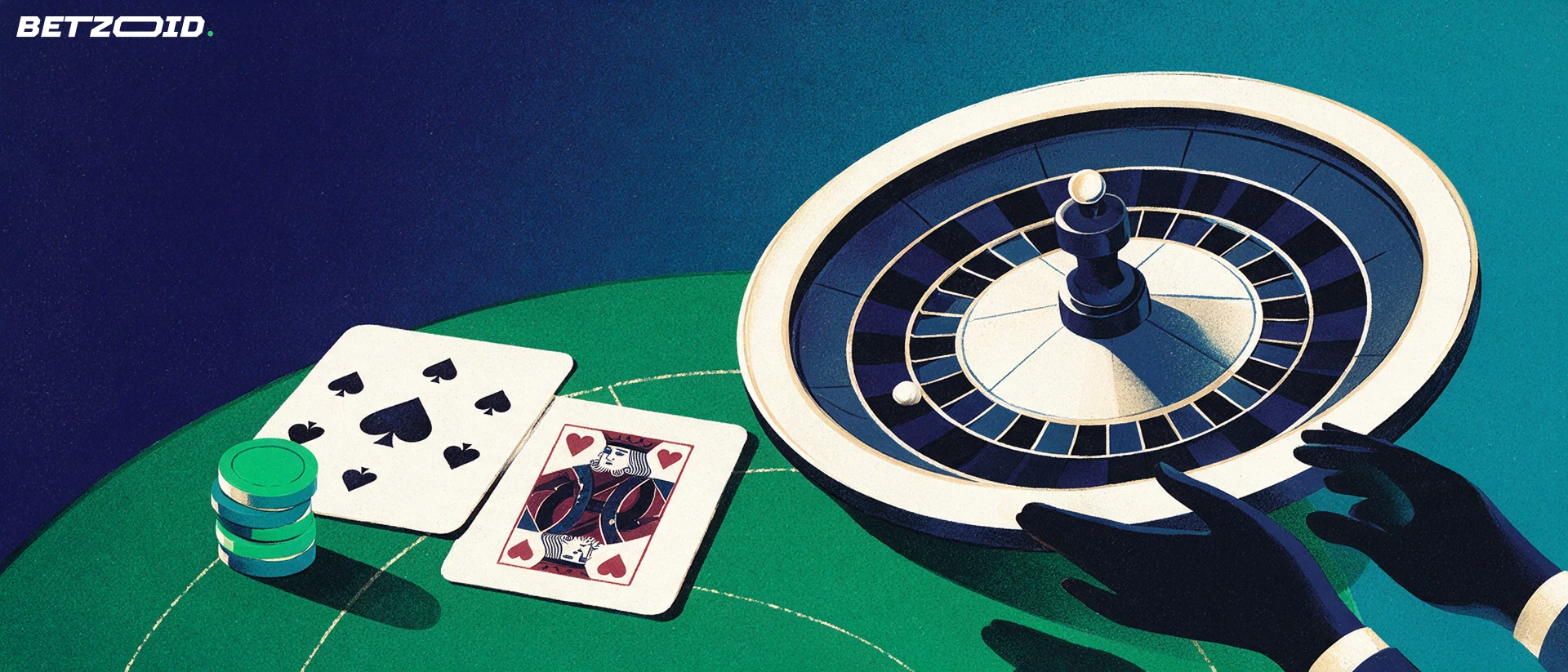 Illustration of a tilted roulette wheel beside two playing cards and a stack of casino chips on green felt.