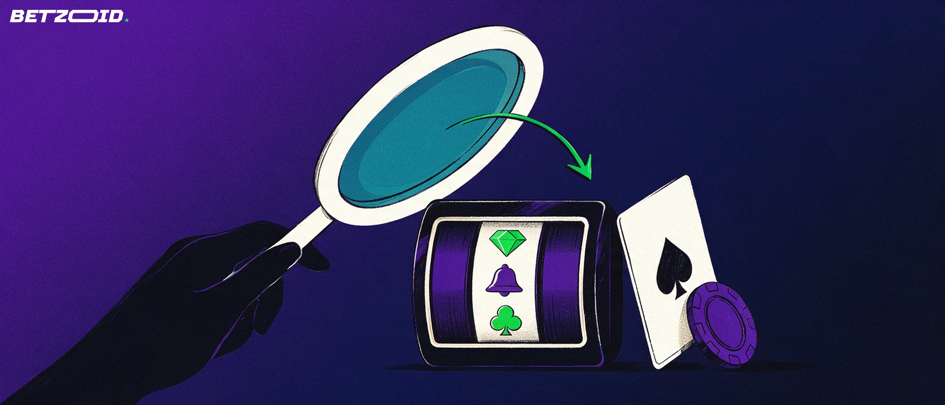 Illustration of a magnifying glass examining a three-reel slot machine drum with simple game symbols, a card and a chip.