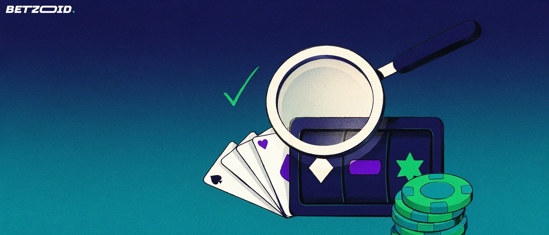 Illustration of a magnifying glass inspecting casino chips, playing cards and a slot reel with simple symbols