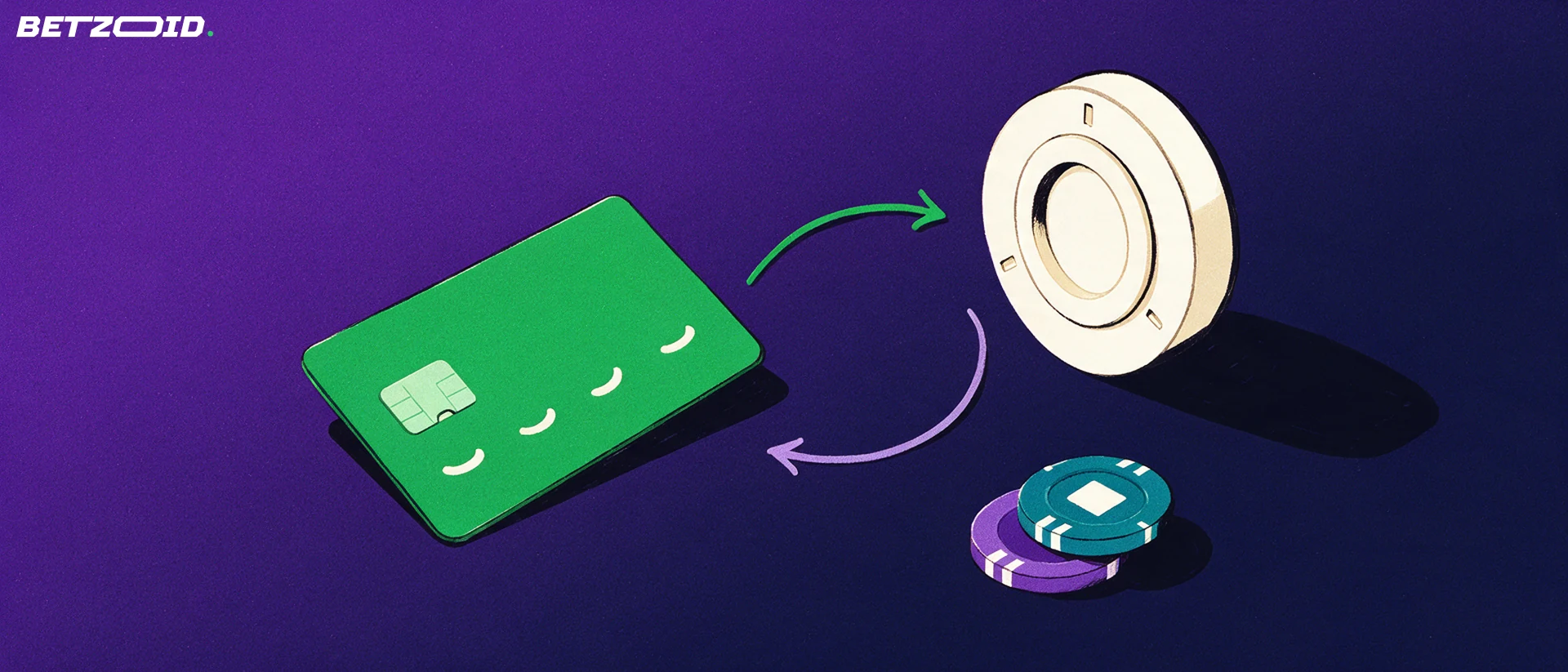 Illustration of an unbranded payment card and a round safe linked by arrows showing deposits and withdrawals, with two casino chips