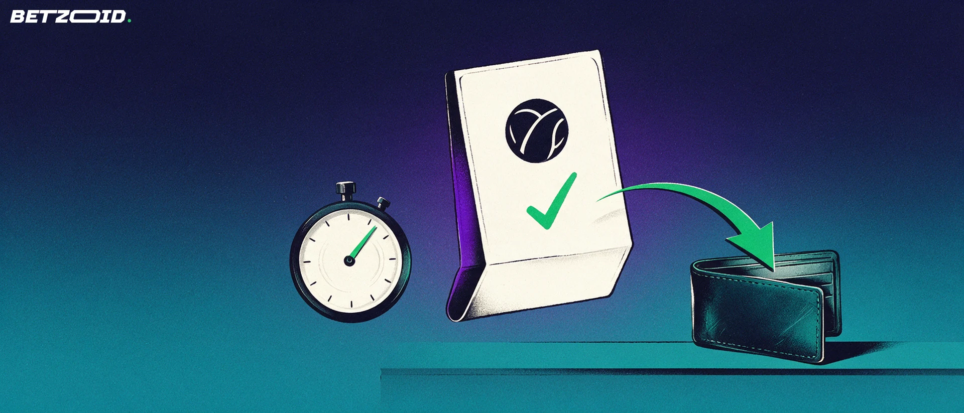 Illustration of a folded betting slip with a green arrow curving into an open wallet beside a stopwatch.