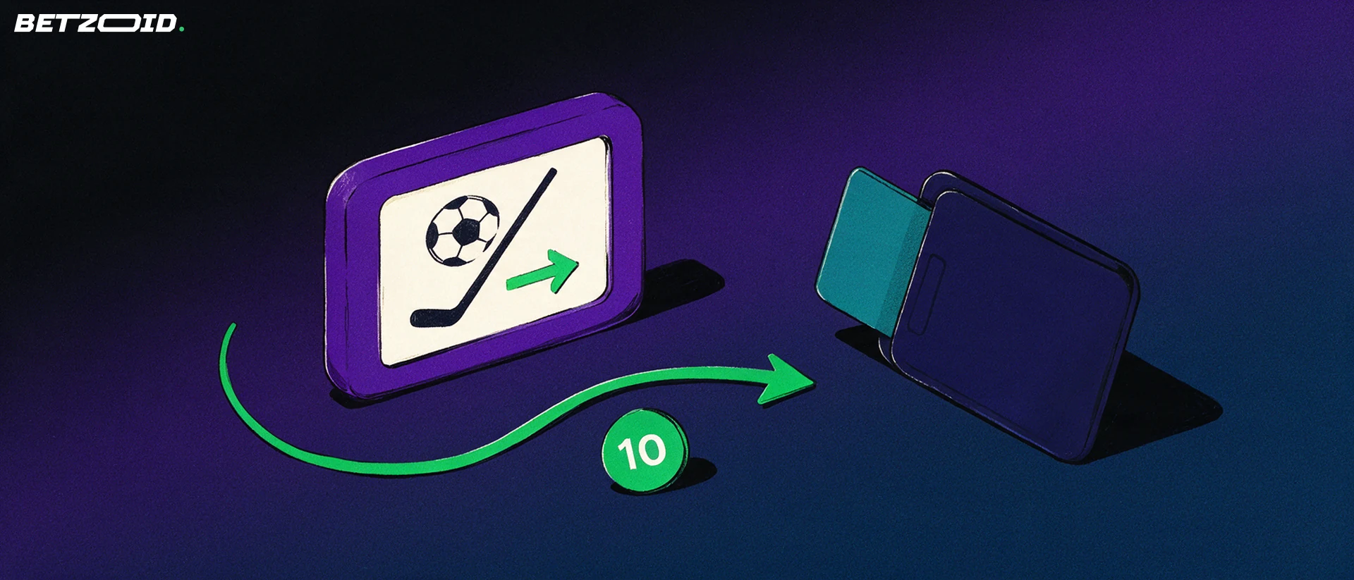 Illustration of a handheld device showing sport symbols linked by an arrow to a wallet and card, with a round badge numbered 10.