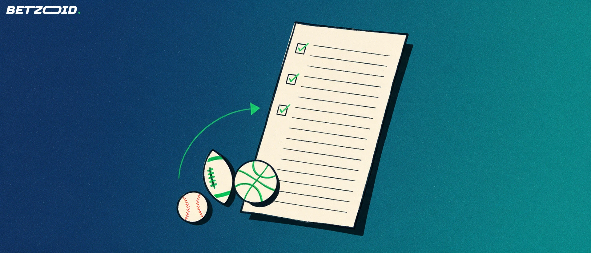 Illustration of a large blank betting slip with checked selection boxes beside simplified American football, basketball and baseball shapes, connected by a curved arrow.
