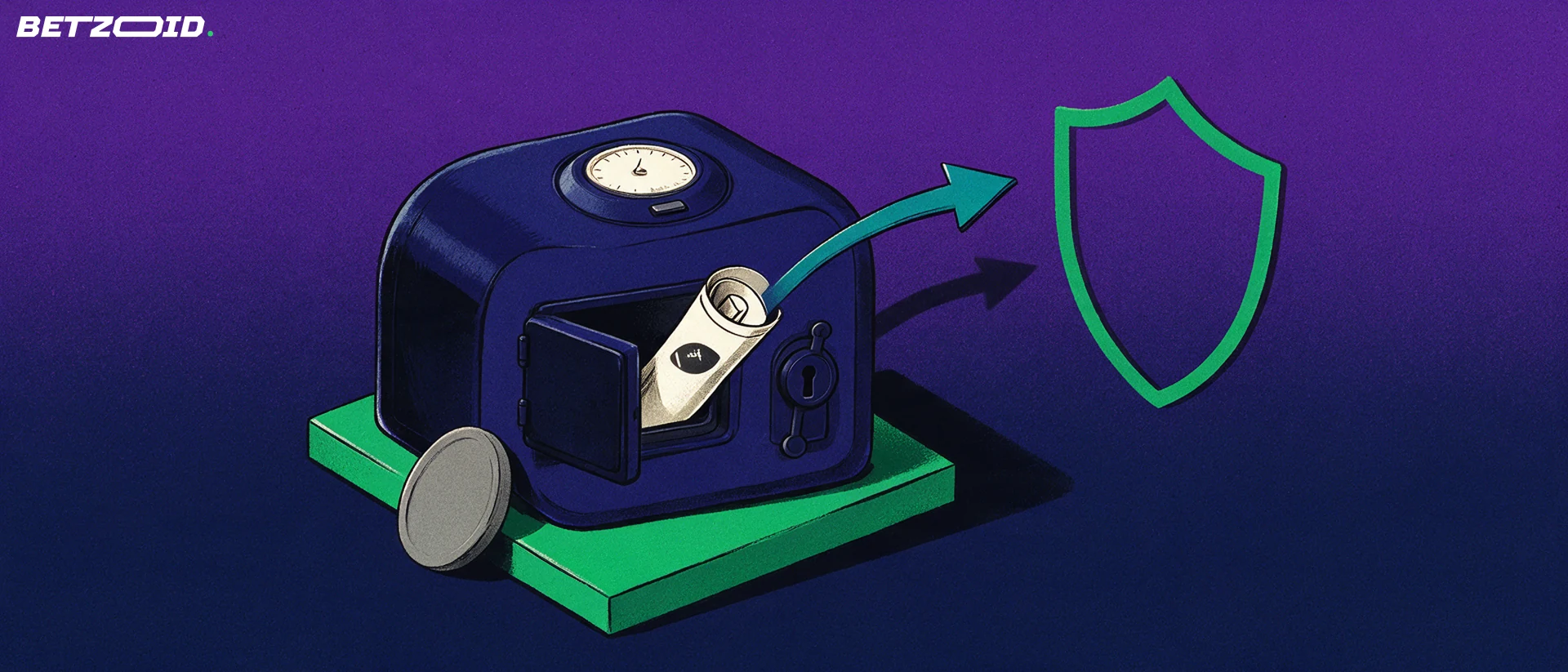 Illustration of a navy strongbox releasing a rolled sports wager ticket that travels along an arrow toward a simple shield outline.