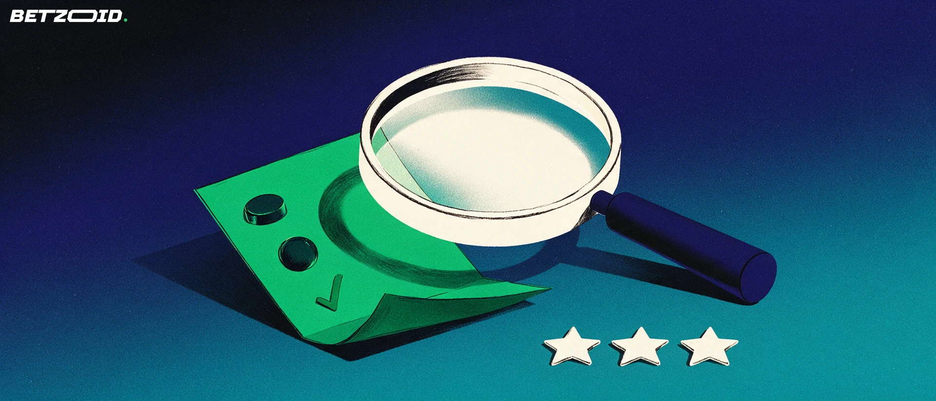 Illustration of a large magnifying glass examining a folded betting slip marked with a puck, a ball and a checkmark beside three rating stars.