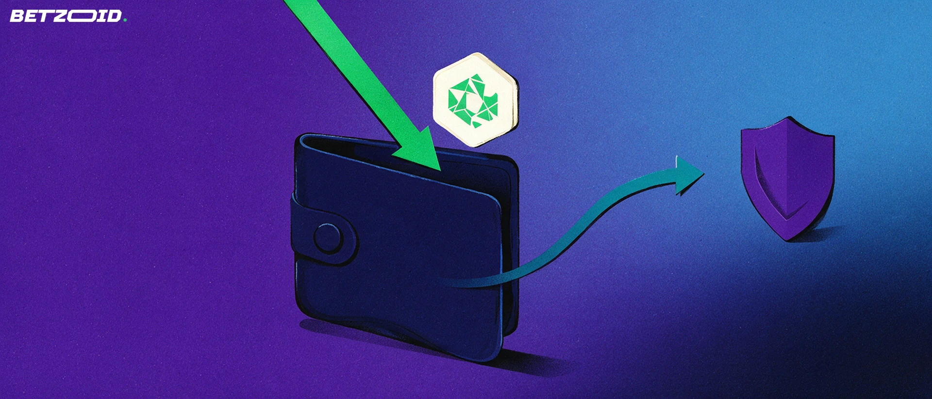 Illustration of a navy wallet receiving a single hexagonal digital coin along a green arrow, with a second arrow leading out to a shield.