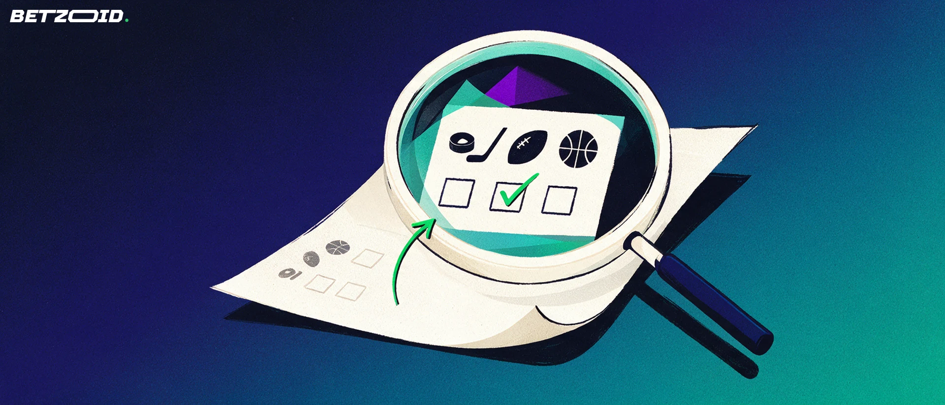 Illustration of a large magnifying glass enlarging a betting slip marked with hockey, football and basketball symbols and a green check mark.