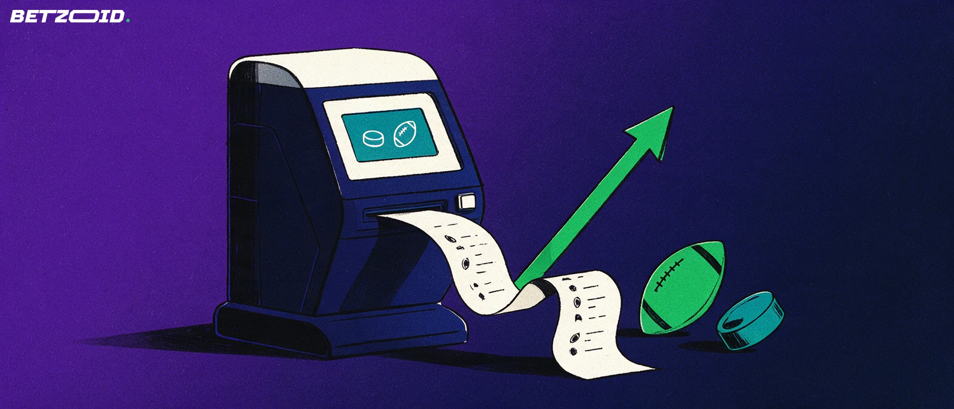 Illustration of a ticket terminal printing a long betting ticket with sport icons, beside a football and a hockey puck.