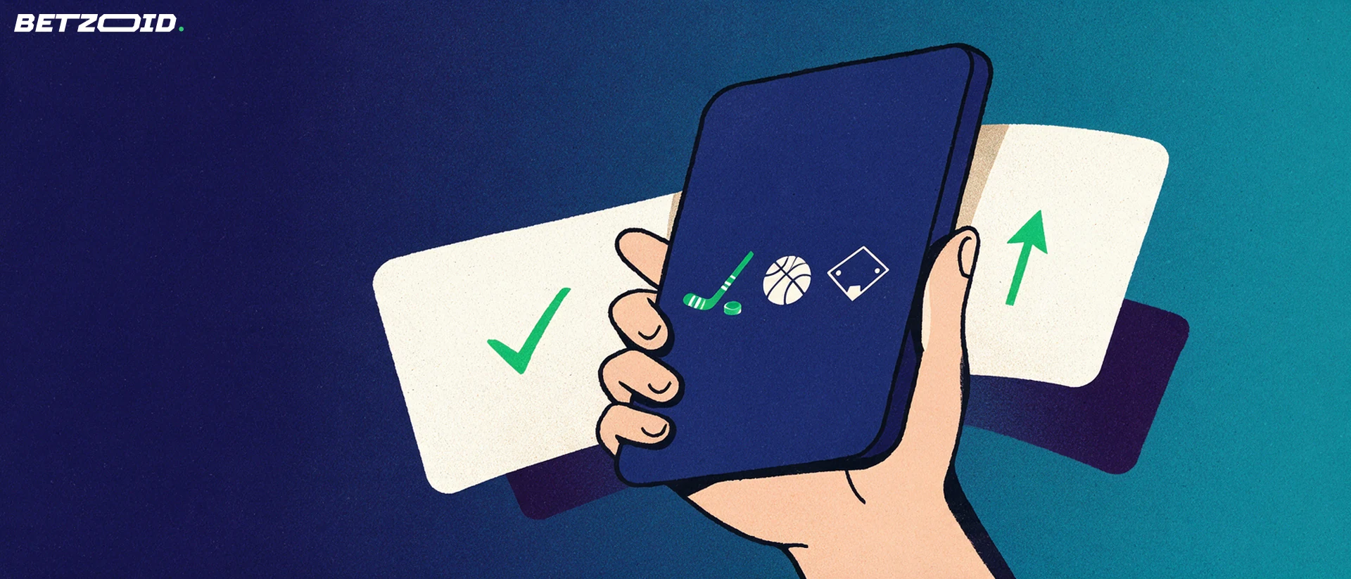 Illustration of a hand holding a large screen device displaying simple hockey, basketball and baseball symbols beside two bet-slip cards.