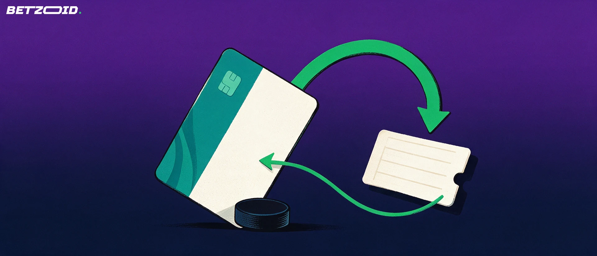 Illustration of a plain payment card and a blank betting ticket linked by curved arrows, with a hockey puck at the card's base.