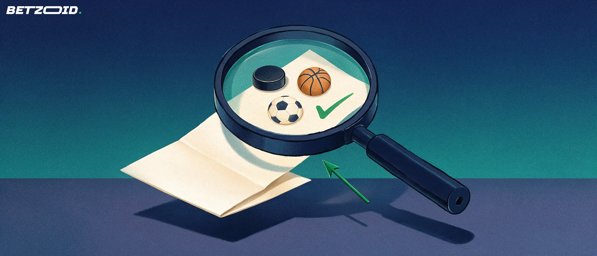 Illustration of a large magnifying glass examining a paper betting slip marked with hockey, basketball and soccer symbols and a green checkmark.