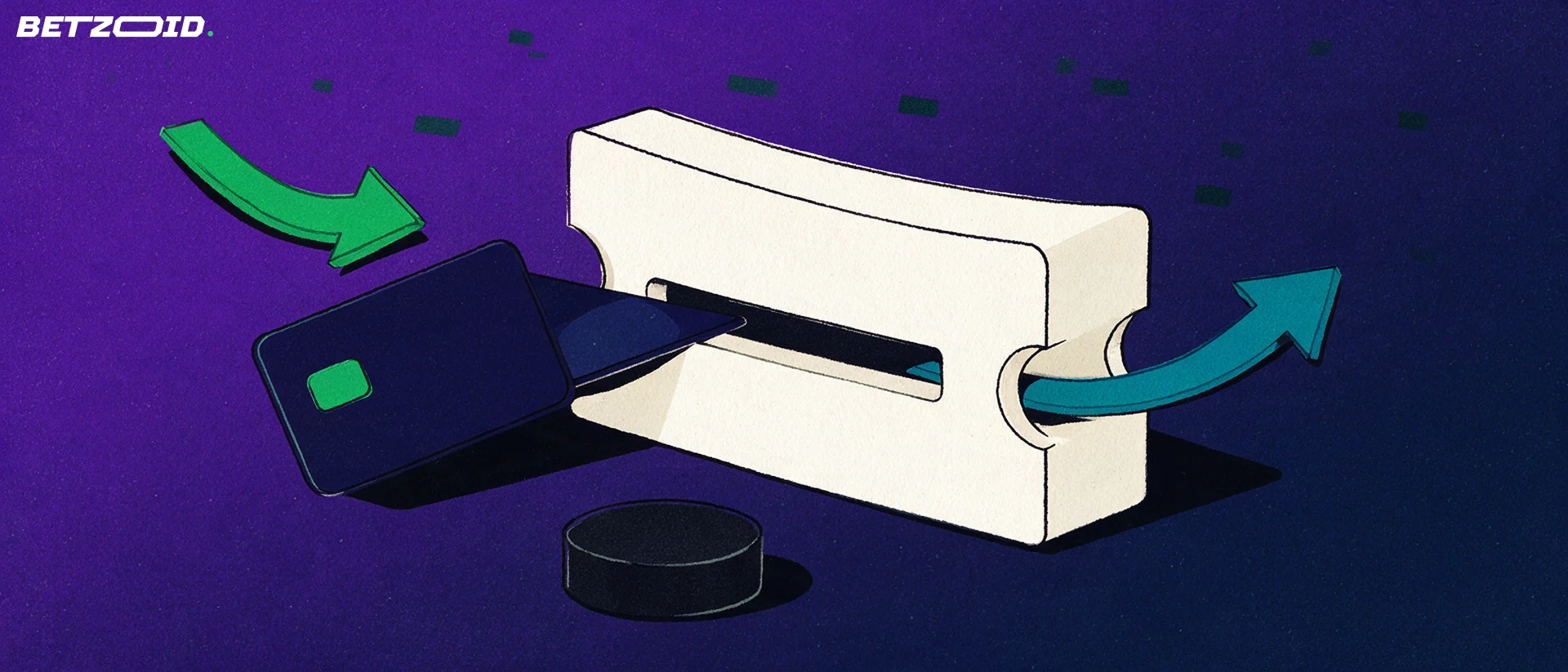 Illustration of a payment card sliding into a ticket-shaped cashier block with in and out arrows and a hockey puck beside it.