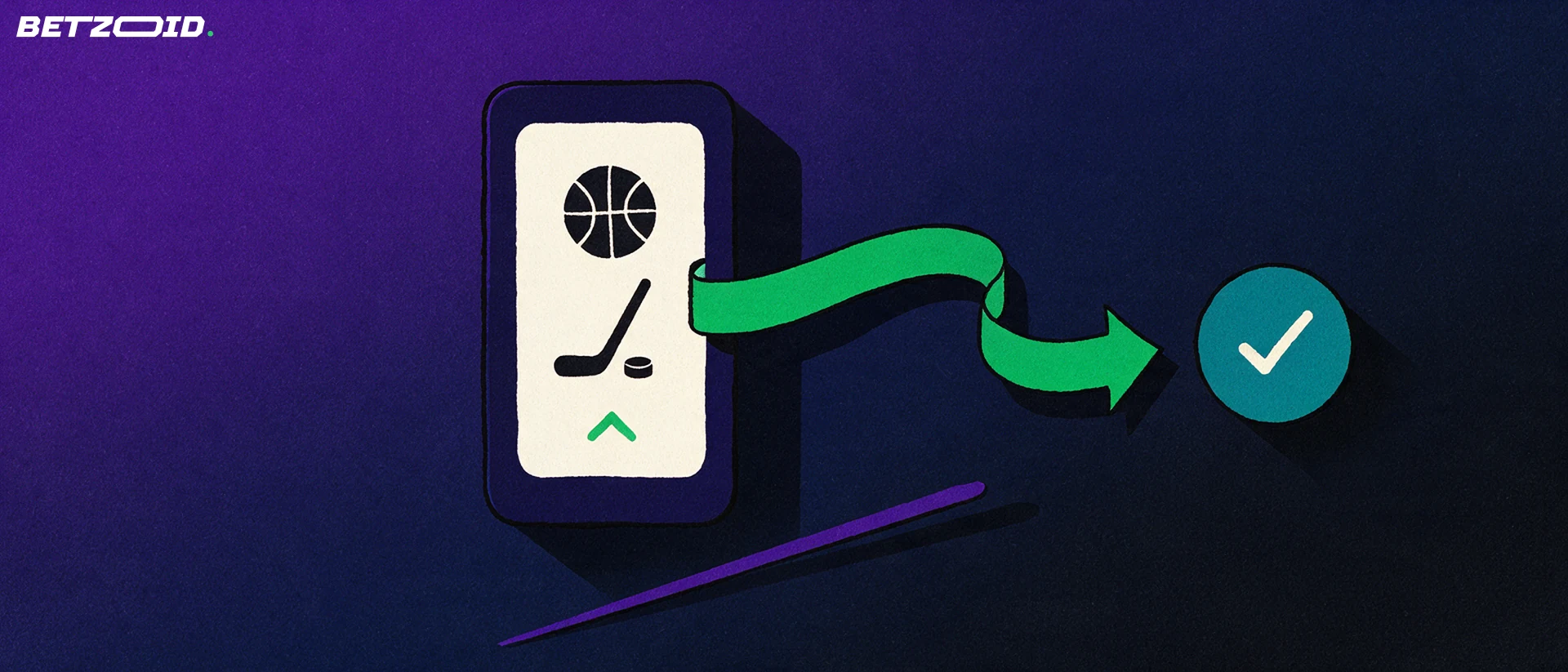 Illustration of a smartphone showing simple basketball and hockey symbols, with a green arrow curving from the screen to a round confirmation button.