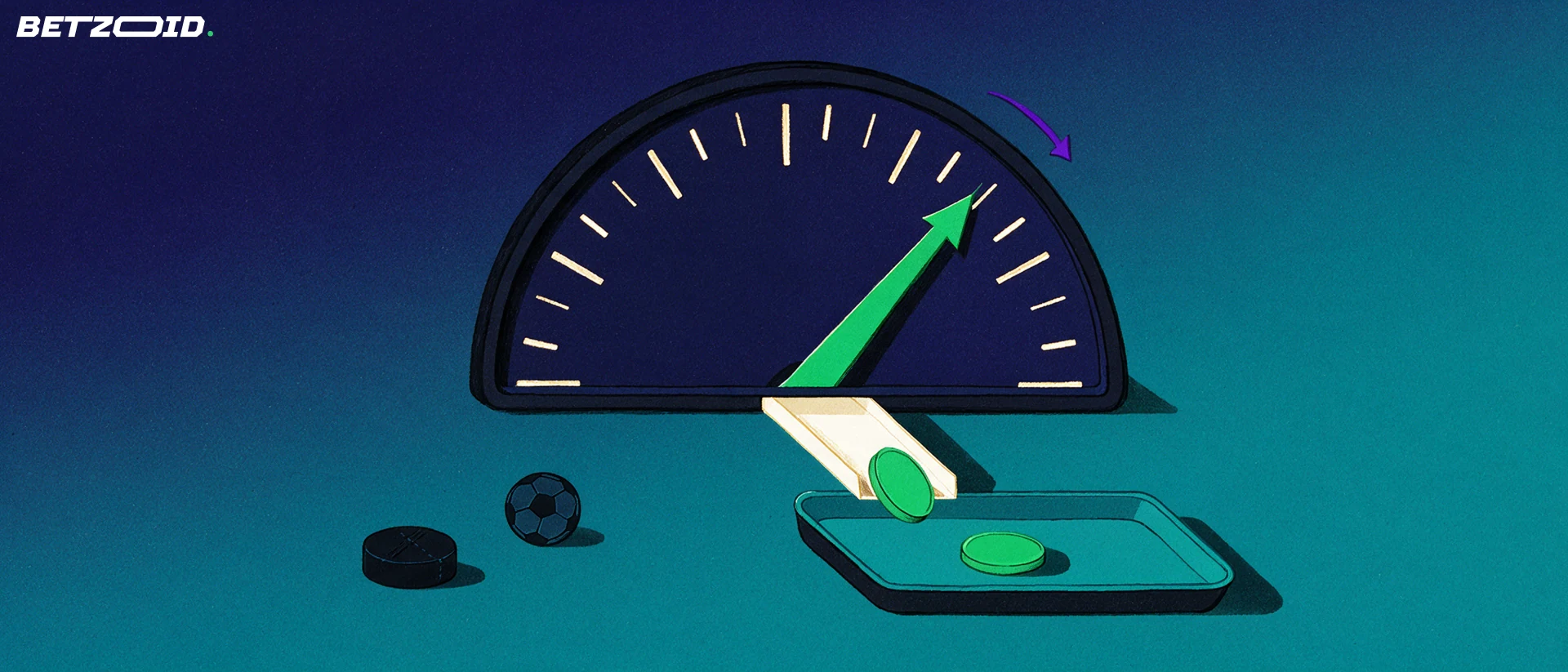 Illustration of an odds gauge with a green needle feeding a chute that drops a coin disc into a tray, beside a puck and a soccer ball.