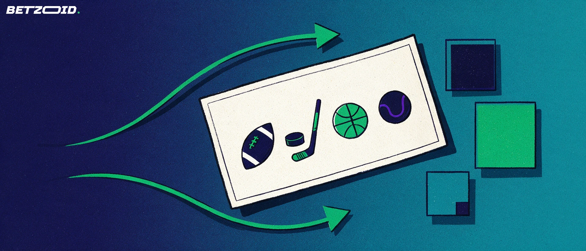 Illustration of a large betting slip card showing simple sport symbols with two curved arrows around it