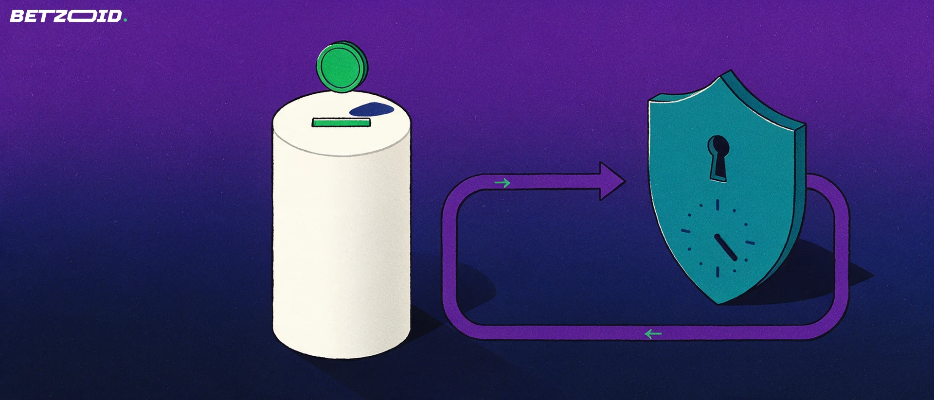 Illustration of a coin dropping into a deposit column linked by a looping arrow to a shield with keyhole and clock hand