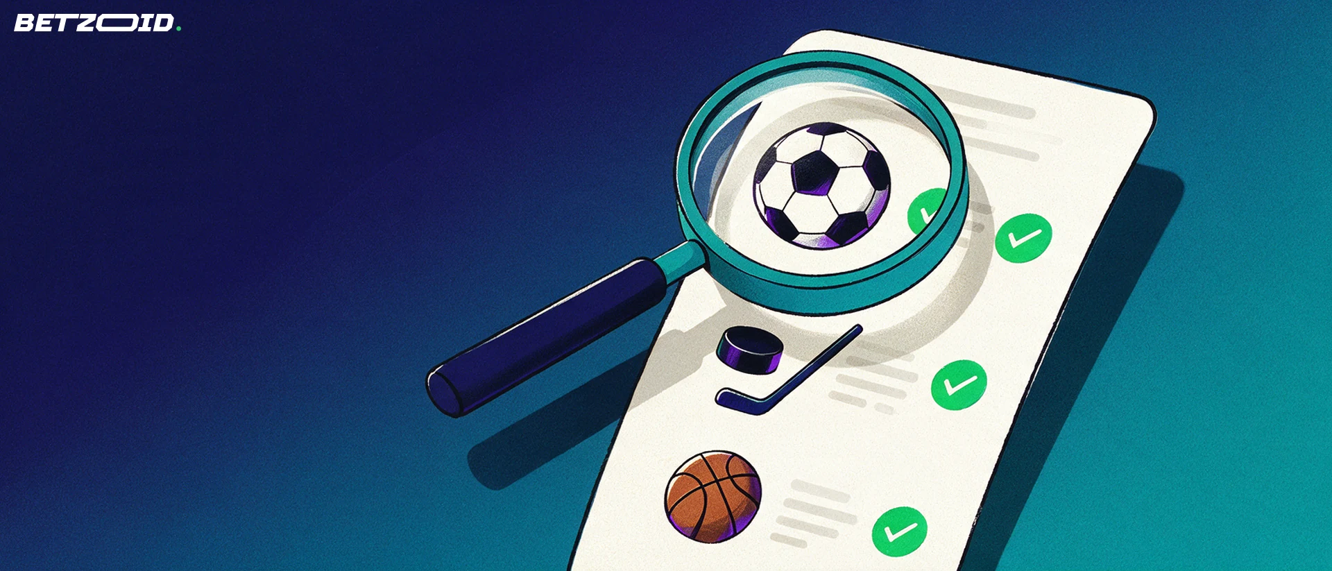 Illustration of a magnifying glass inspecting a betting slip marked with soccer, hockey and basketball symbols and green checkmarks.