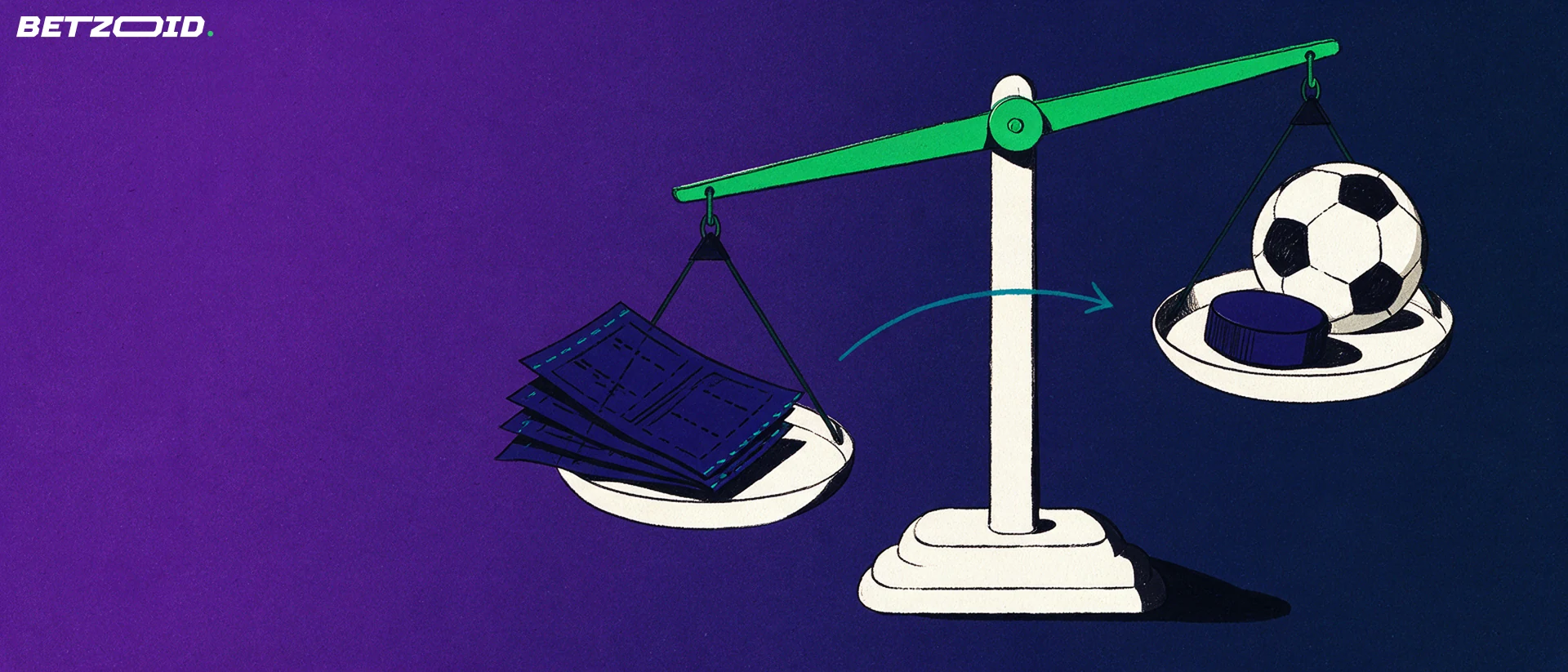 Illustration of a balance scale weighing a stack of folded betting tickets against a hockey puck and soccer ball.