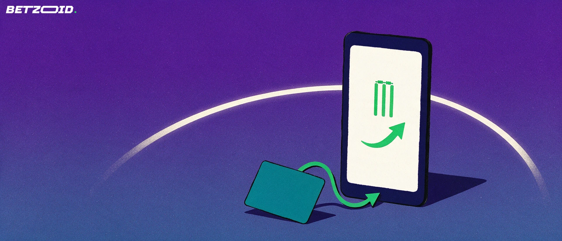 Illustration of a smartphone showing cricket and trend symbols with an unbranded payment card and an arrow flowing into the phone.