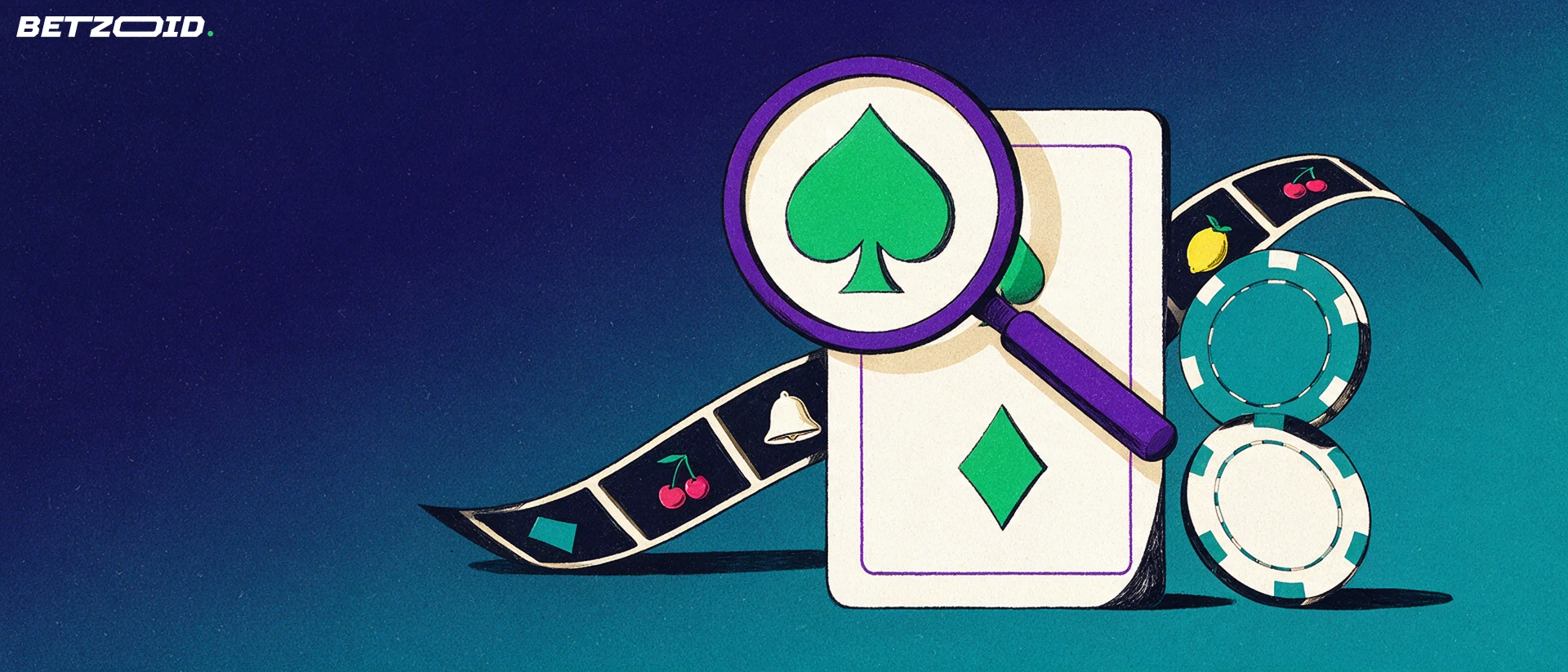Illustration of a magnifying glass examining a large playing card beside casino chips and a slot reel strip
