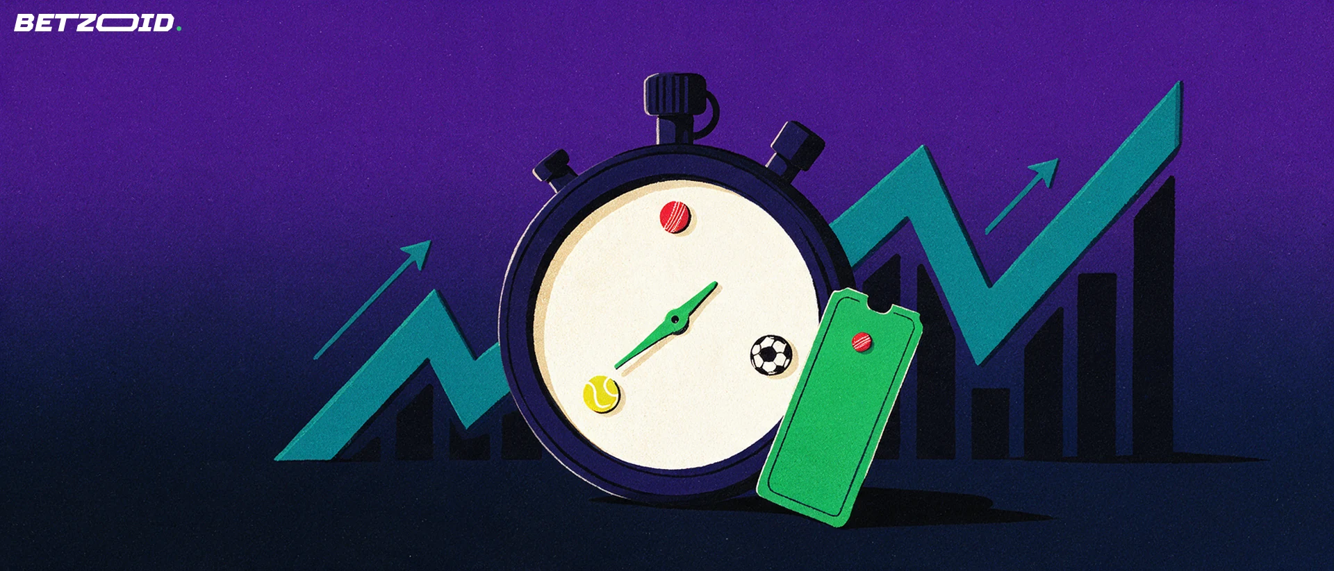 Illustration of a large stopwatch with cricket, football and tennis symbols on its dial beside a rising line chart and a blank wager ticket.