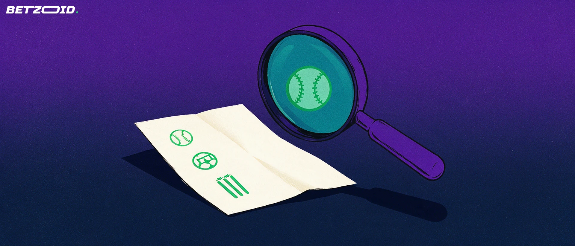 Illustration of a magnifying glass enlarging a cricket-ball symbol on a paper betting slip with sport pictograms.