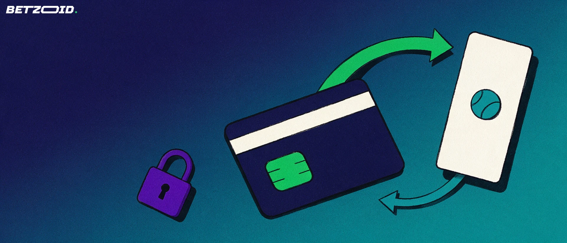 Illustration of a payment card linked by two curved arrows to a betting ticket with a cricket-ball symbol and a small padlock.