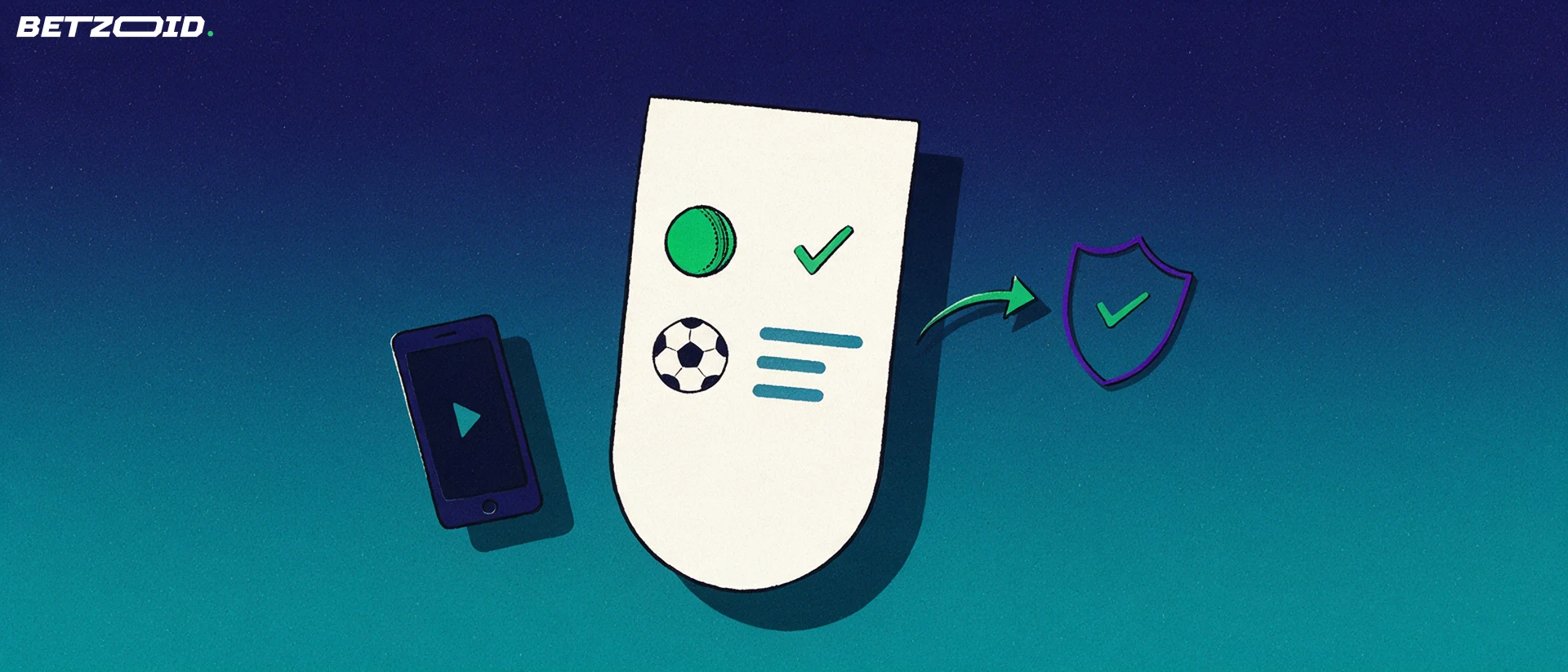 Illustration of a betting slip card with cricket and football symbols beside a phone silhouette and a security shield