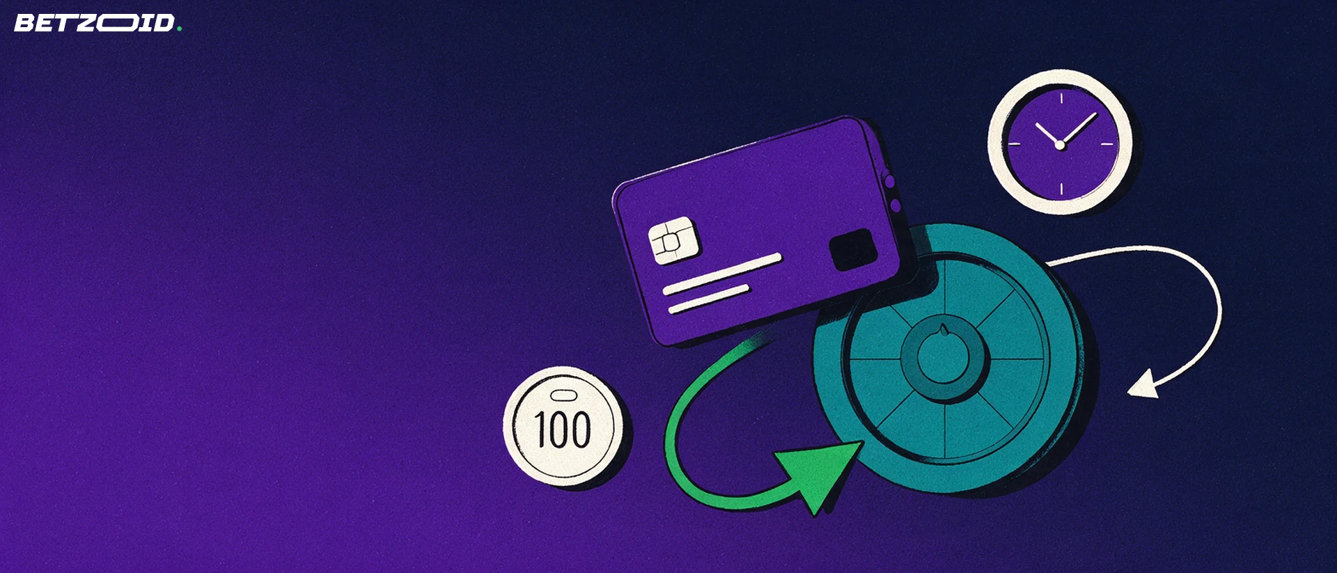 Illustration of a payment card and secure wallet dial linked by two curved arrows showing deposits and withdrawals