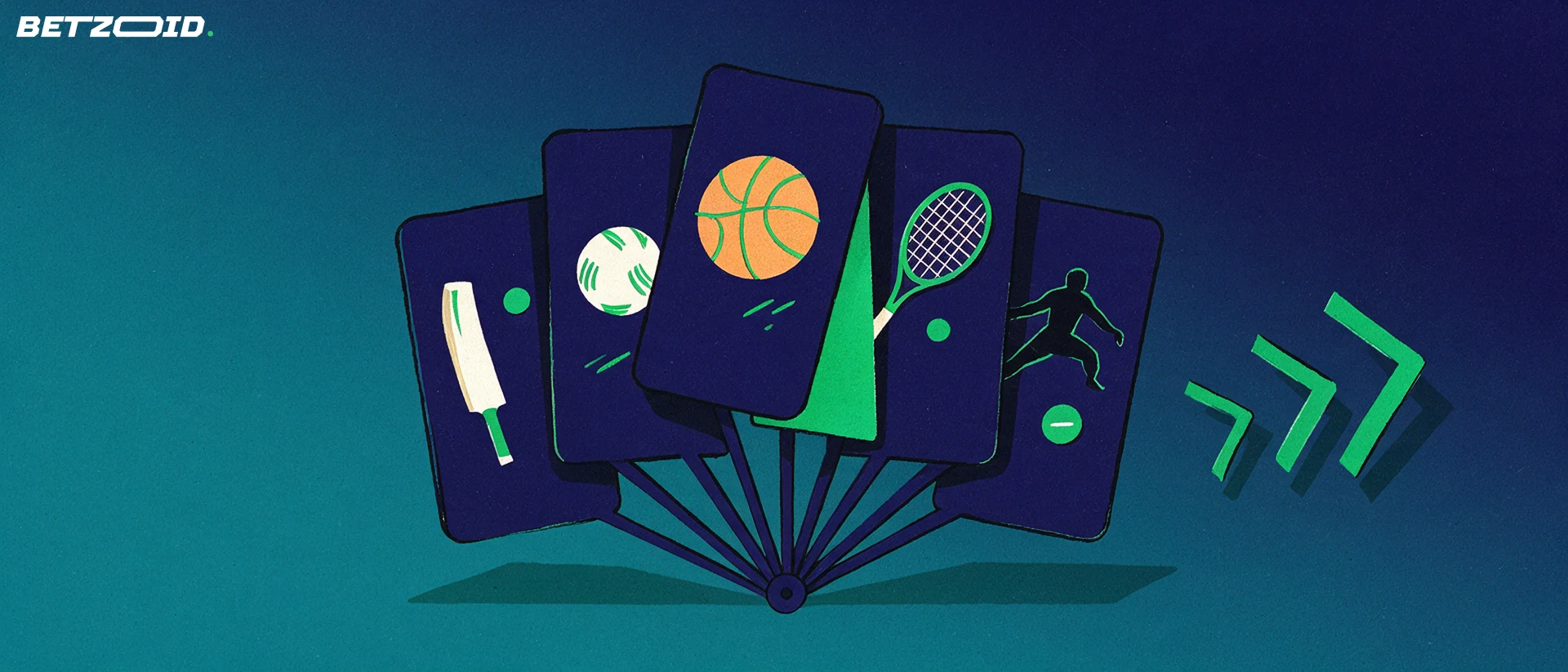 Illustration of a fanned stack of cards showing cricket, football, tennis and basketball symbols with arrows pointing outward.