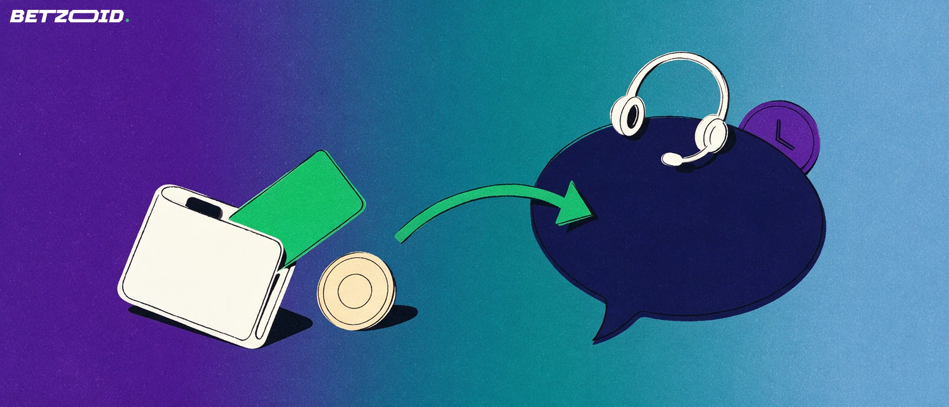 Illustration of a wallet with a payment card and coin linked by an arrow to a support speech bubble with a headset.