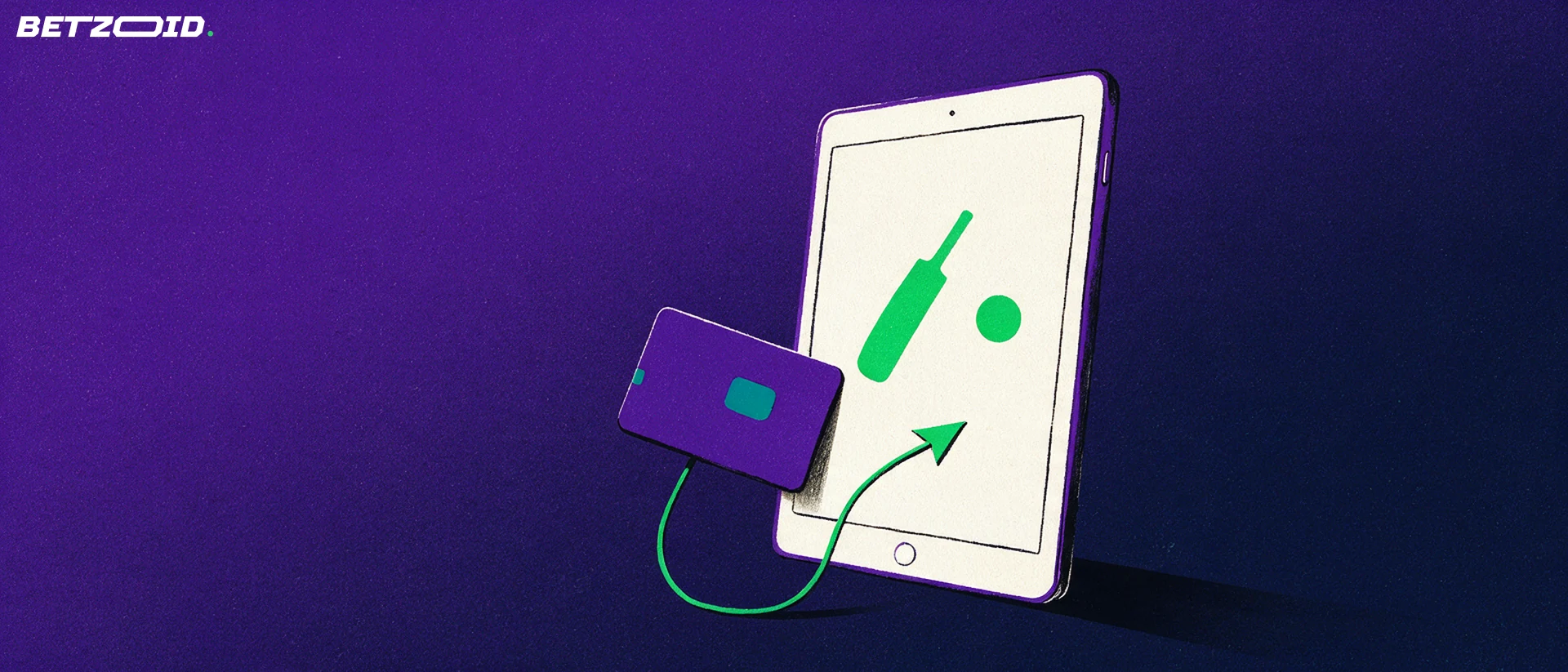 Illustration of an upright device screen showing a cricket bat and ball symbol, with a plain payment card and an arrow indicating a deposit.
