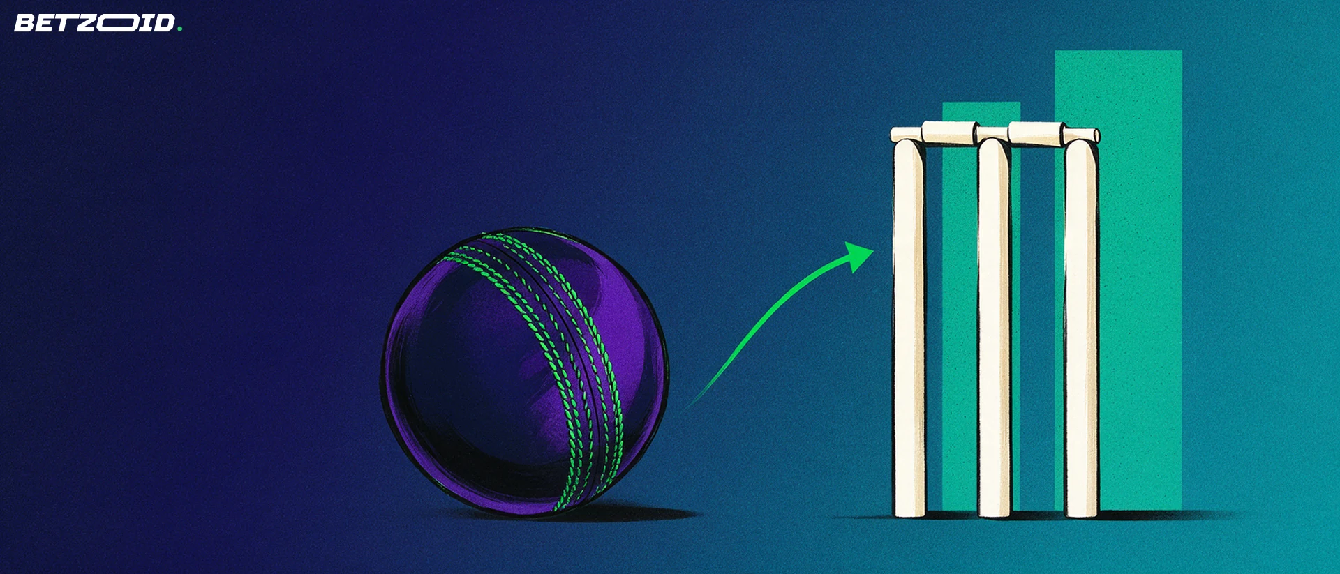 Illustration of a large cricket ball with a green seam and an arrow curving toward three stumps beside abstract bars.