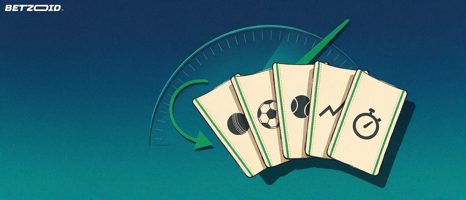 Illustration of a fanned set of blank betting slips marked with sport symbols in front of a semicircular odds dial with a rising pointer.