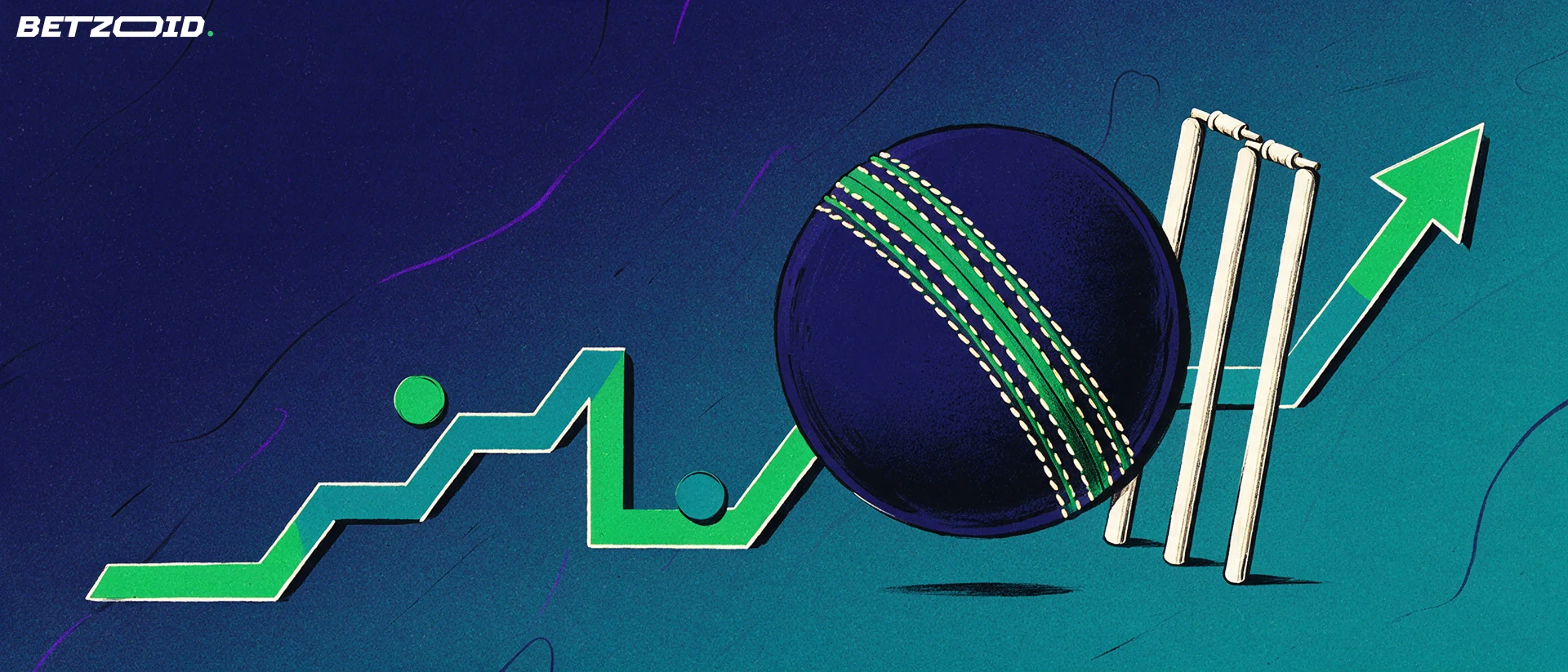 Illustration of a cricket ball and stumps beside a rising stepped line with an arrow, symbolising changing cricket betting odds.