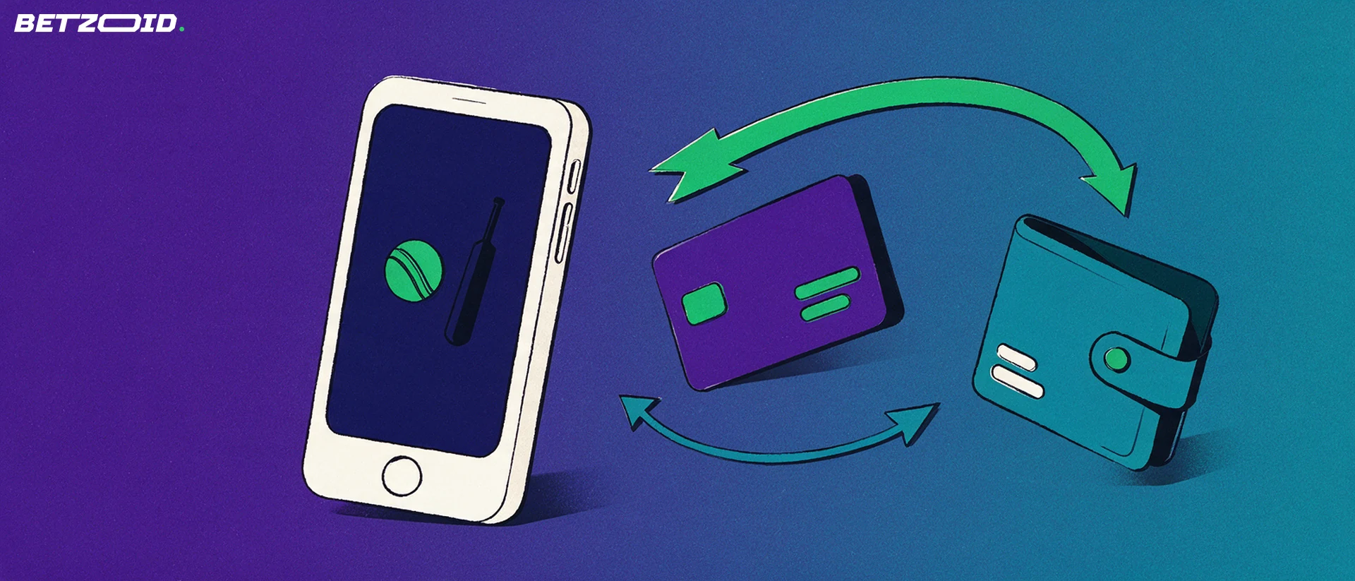 Illustration of a handheld device with a cricket ball symbol on screen, linked by arrows to a payment card and wallet.