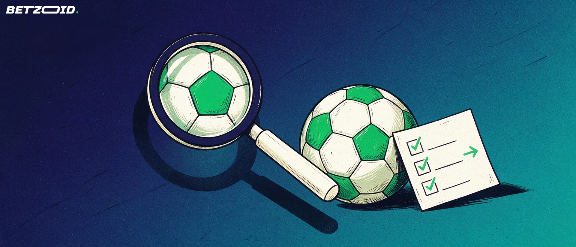 Ilustração de uma grande lupa examinando uma bola de futebol ao lado de um cupom de aposta com marcas de conferência.