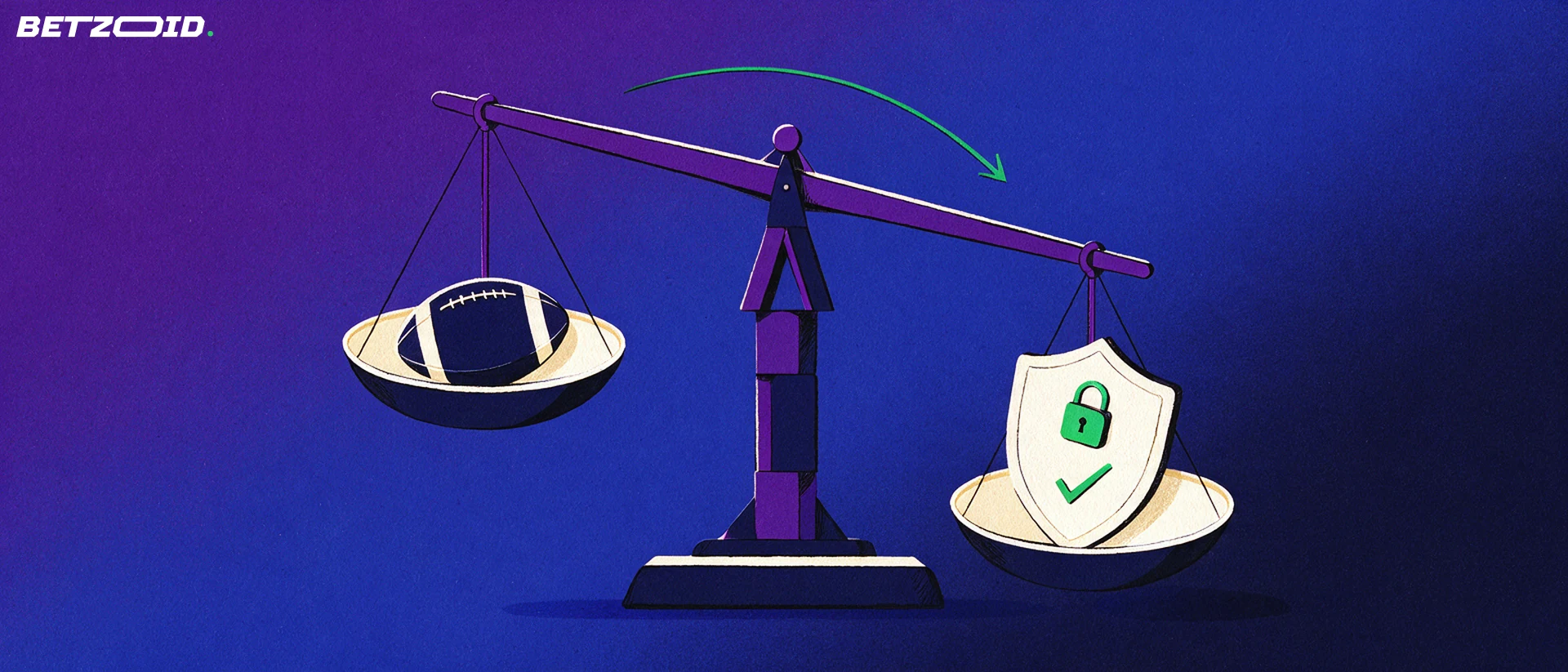 Ilustração de uma balança de dois pratos: em um lado uma bola de futebol, no outro um escudo com cadeado e marca de verificação.