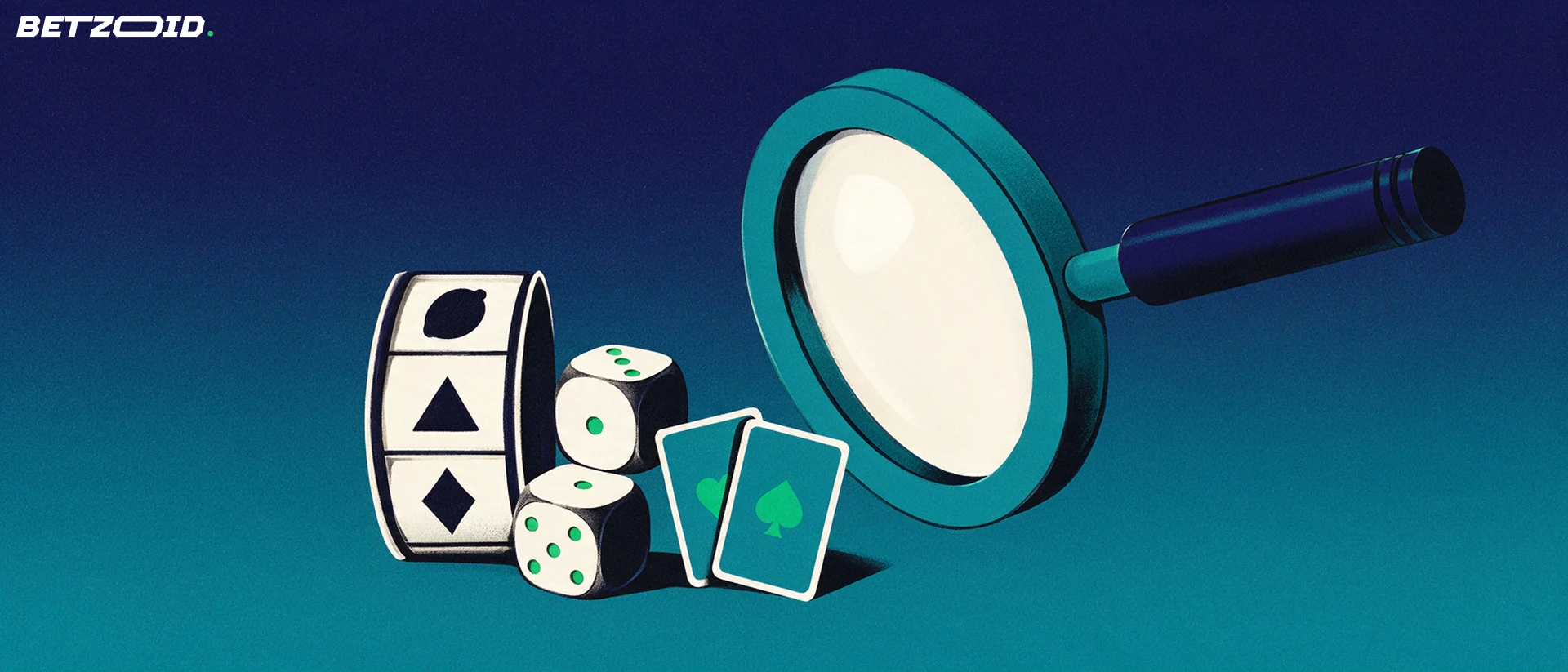Illustration of a magnifying glass examining a slot reel, dice and two playing cards on a navy-teal background.