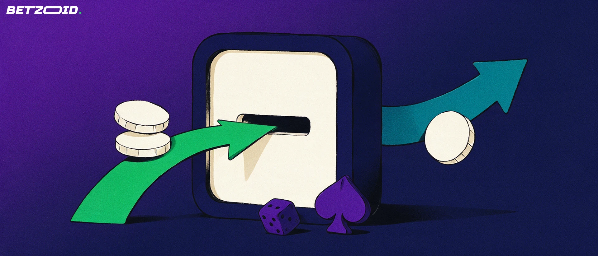 Illustration of a vault-like wallet with arrows carrying coin discs in and out, beside a small die and card suit shape.