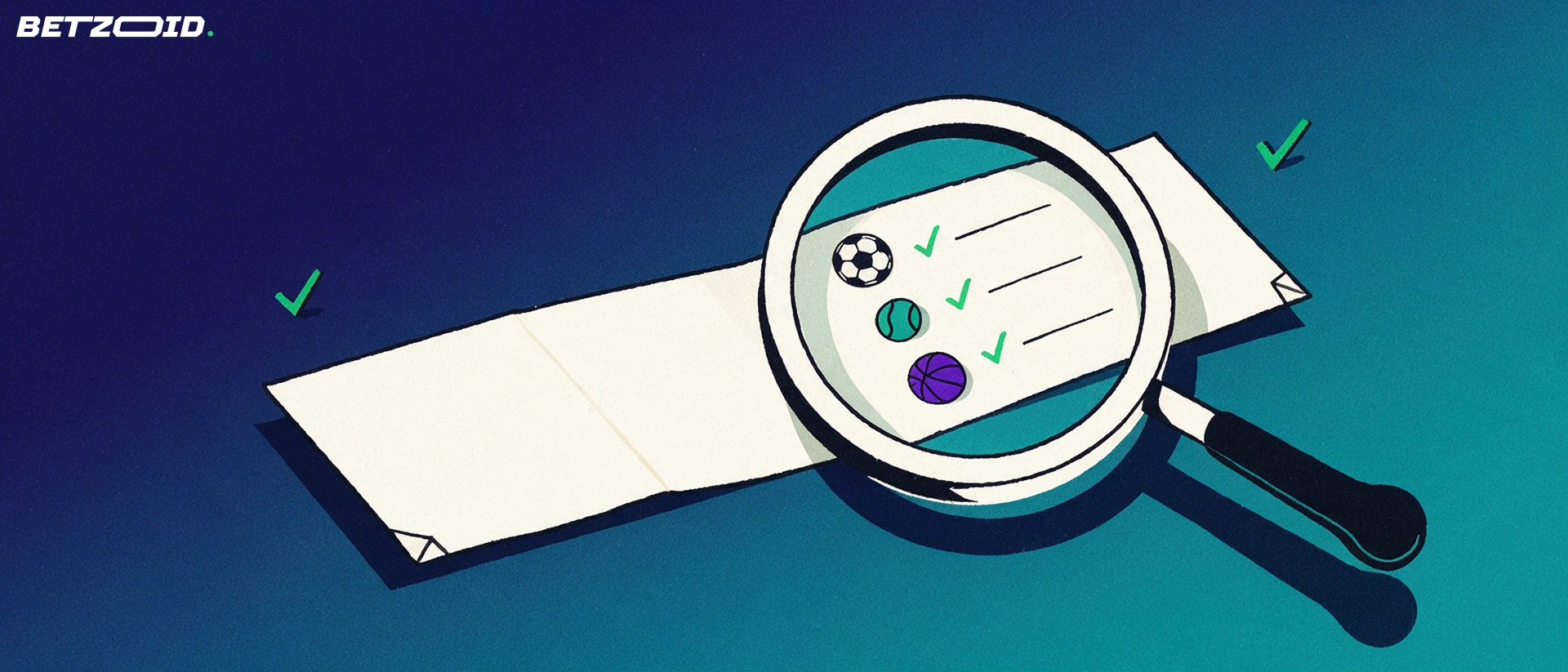 Illustration of a magnifying glass enlarging a paper betting slip showing football, tennis and basketball symbols with small check marks