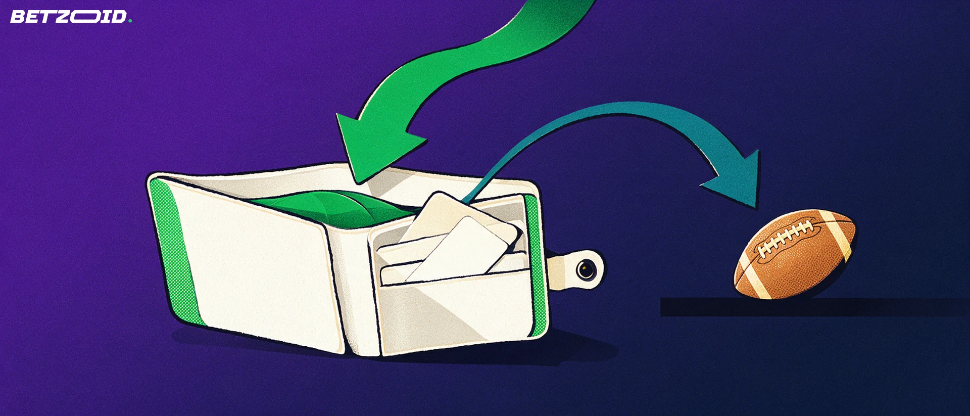 Illustration of an open wallet with arrows flowing in and out, one arrow leading to a football, symbolising betting deposits and withdrawals