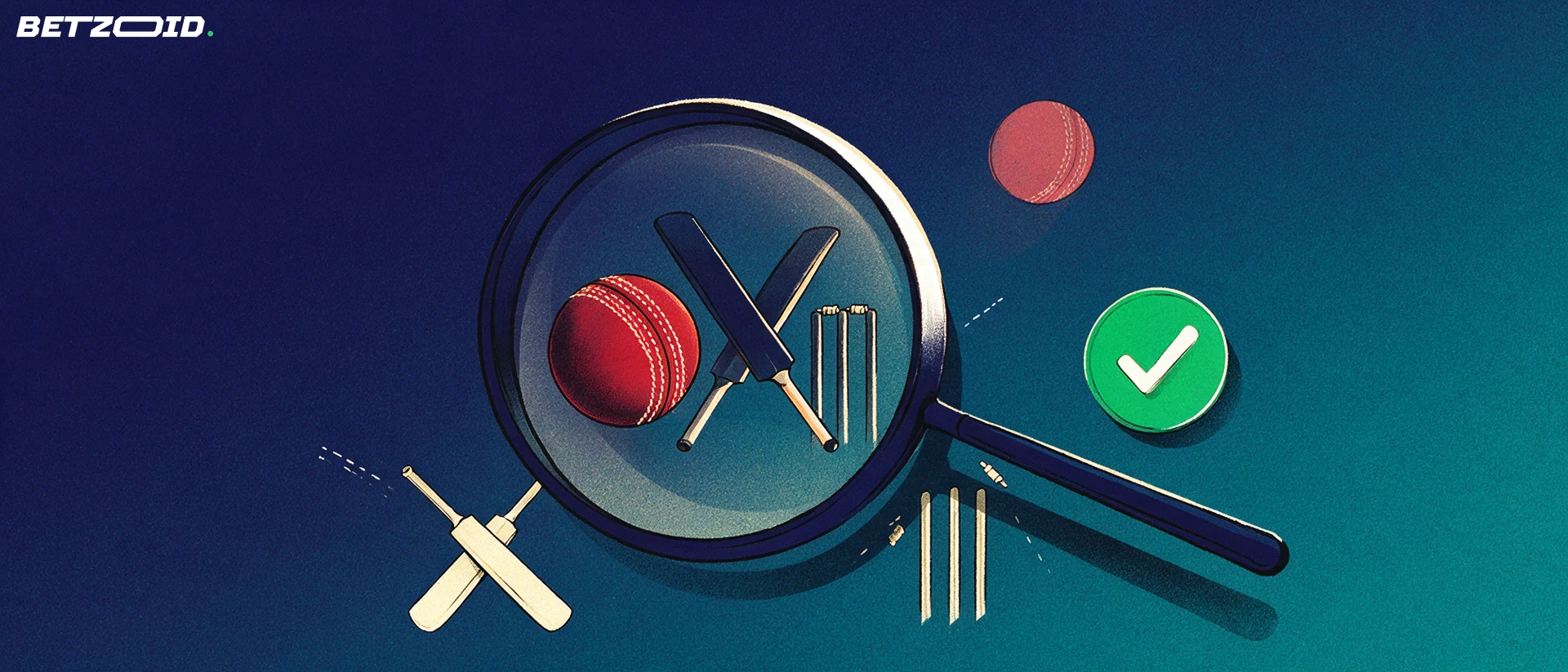 Illustration of a magnifying glass inspecting a cricket ball, crossed bats and stumps, with a small green checkmark badge