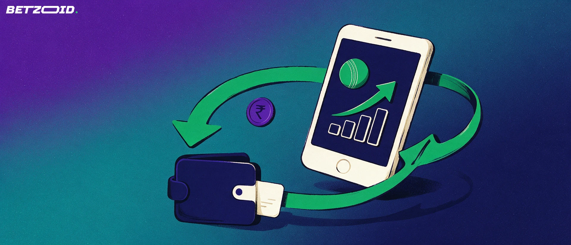 Illustration of a smartphone with simple cricket and chart symbols linked by curved arrows to a wallet and a coin, showing deposits and withdrawals