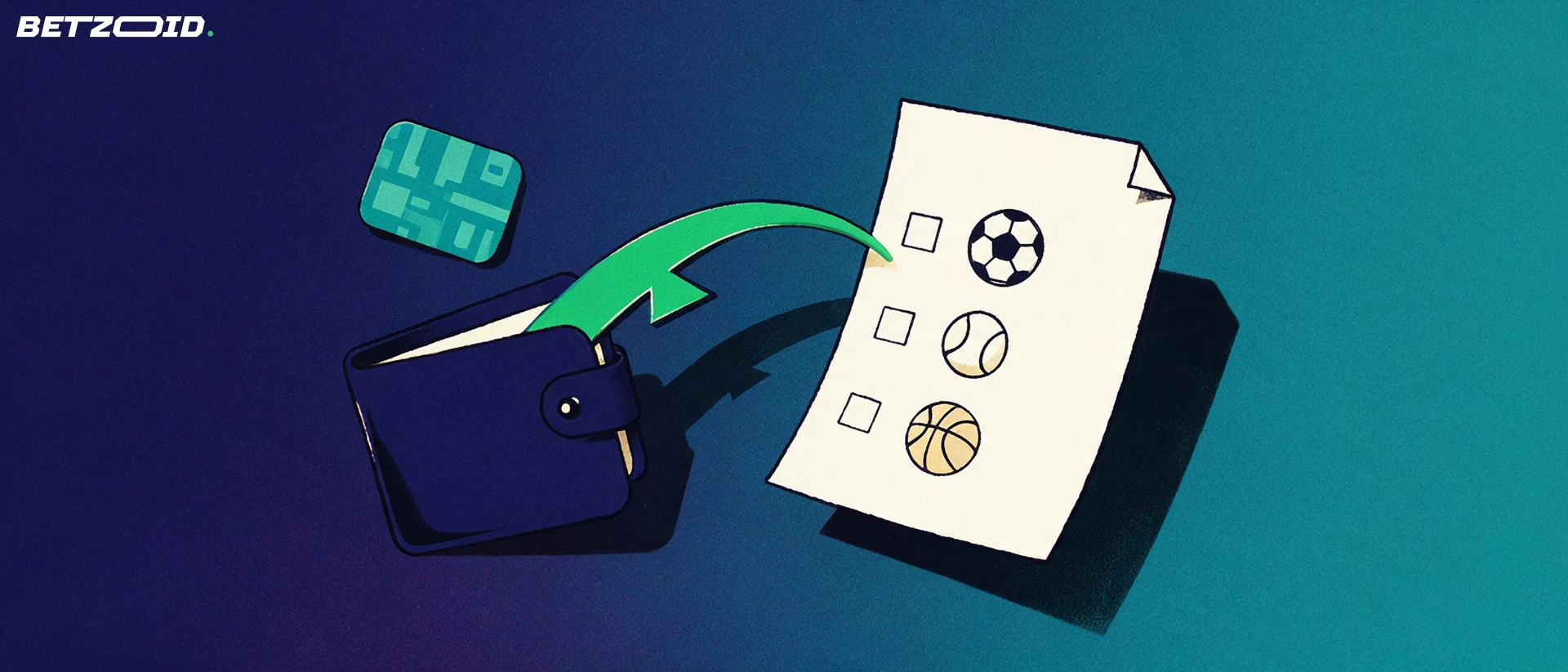 Ilustração de um cupom de apostas com símbolos de futebol, tênis e basquete, ligado por uma seta verde em forma de raio a uma carteira aberta, representando saque instantâneo.